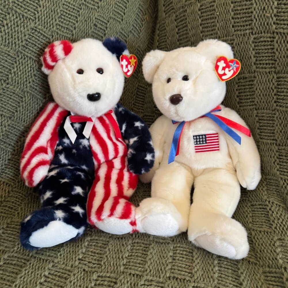 TY Beanie Buddies Patriotic Bear Set - Spangle & Liberty USA Flag Plush Vintage